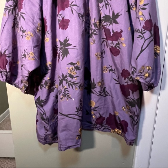 Plus Size Peasant Blouse Purple Yellow Floral Tie Neck - Picture 8 of 10